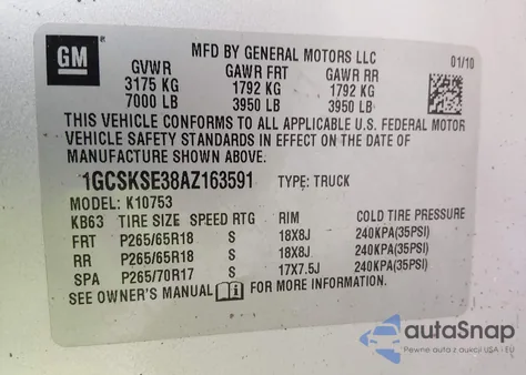 2010 Chevrolet Silverado 1500 Lt из США, поврежденный, VIN 1GCSKSE38AZ163591